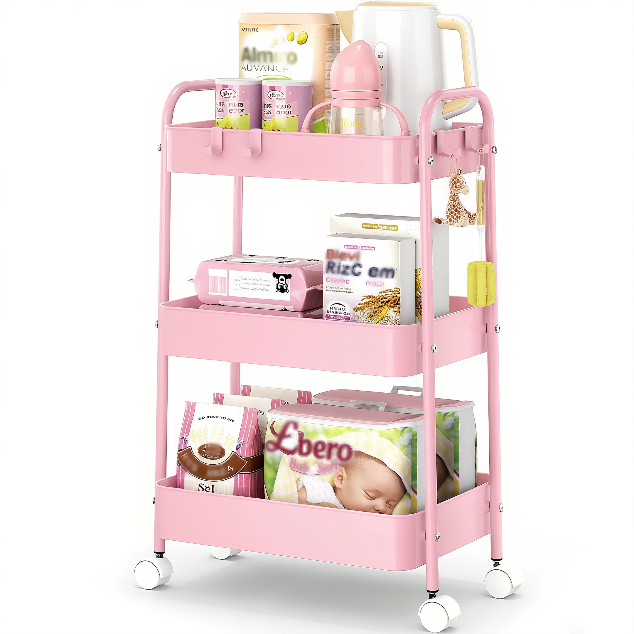3 Tier Metal Rolling Cart With - Baby Nursery Trolley review and price