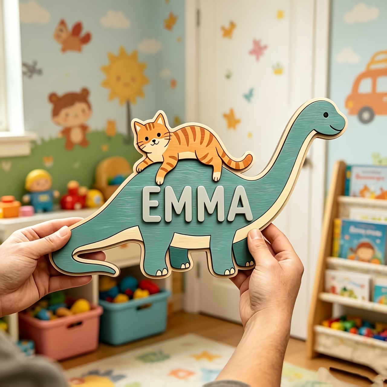 Personalized Cat Riding Dinosa - Baby Nursery Name review and price